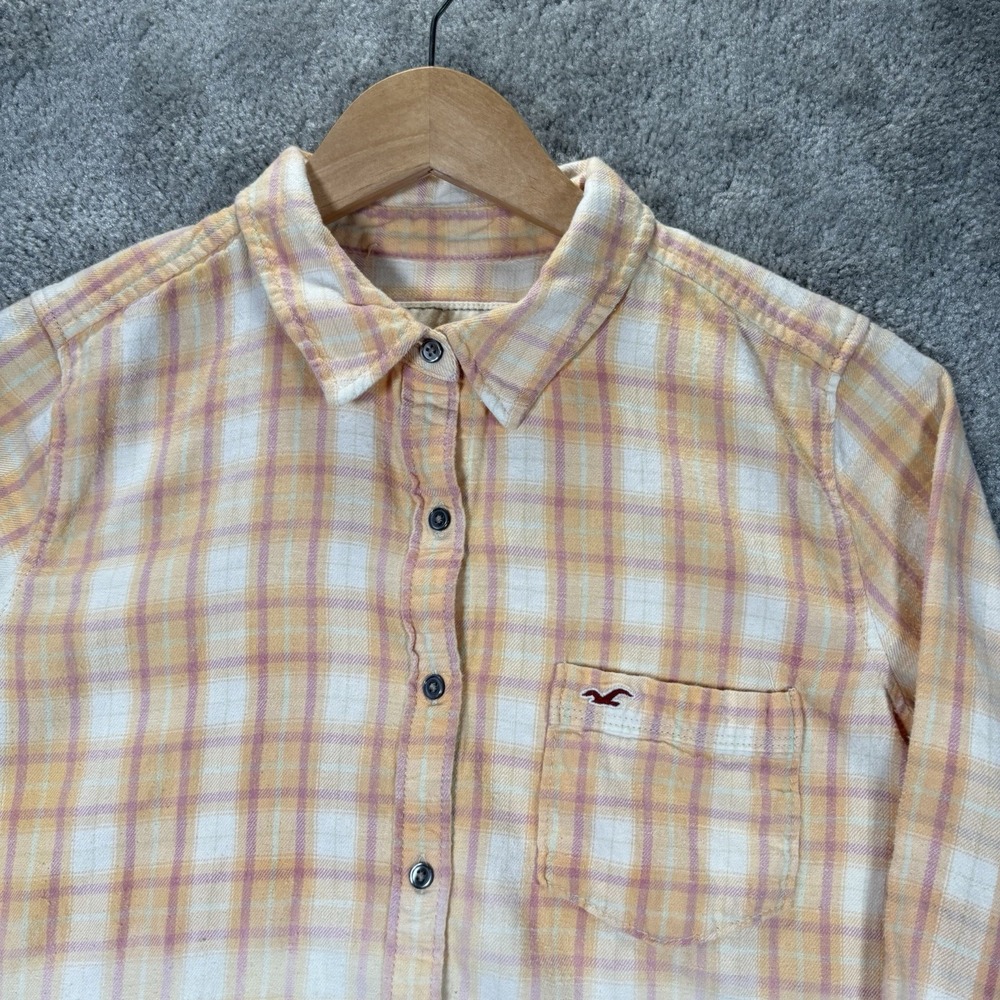 Vintage Hollister Shirt Women L Orange Plaid Flannel Lightweight Long Sleeve Y2K